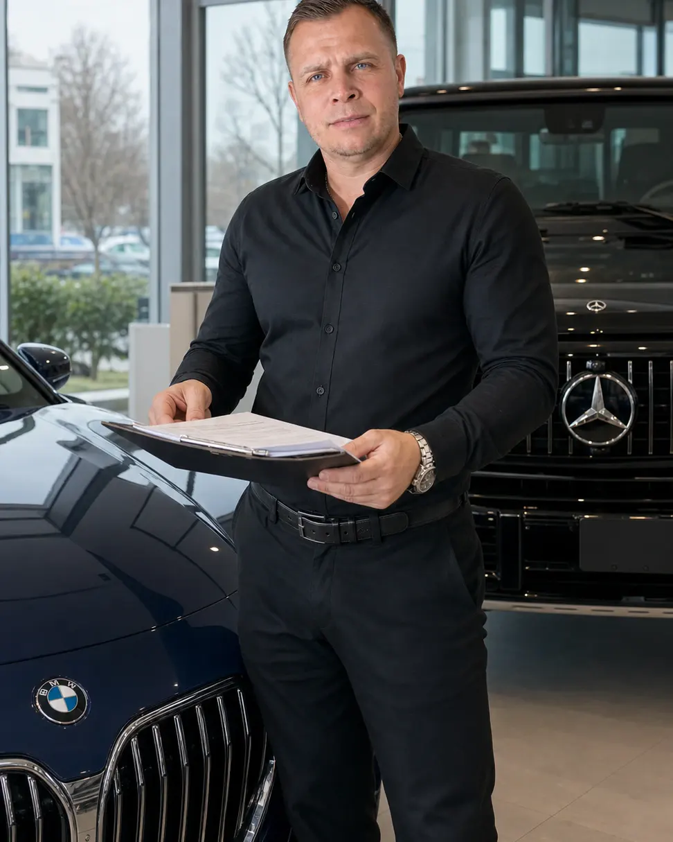 Дмитрий Щербаков в автосалоне рядом с BMW и Mercedes-Benz