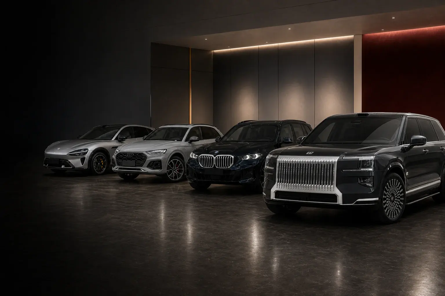 Zeekr 9X, BMW X5, Audi Q5 и Xiaomi YU7 в премиальном автомобильном салоне