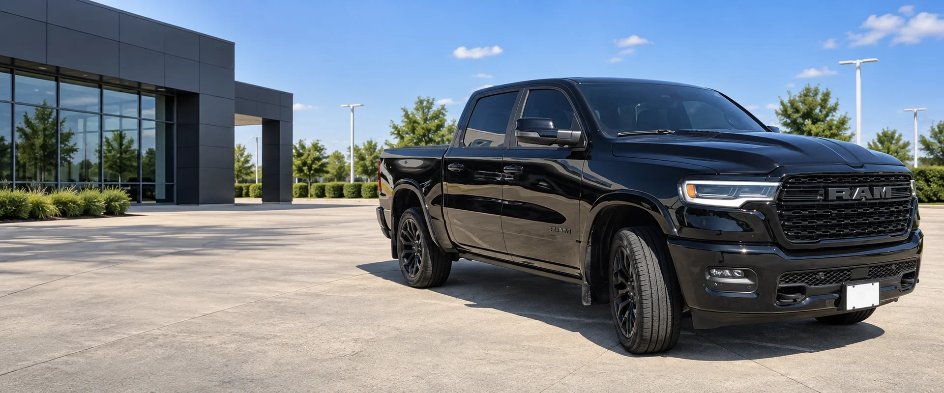 Чёрный RAM 1500 Limited Night Edition на площадке: вид спереди в три четверти