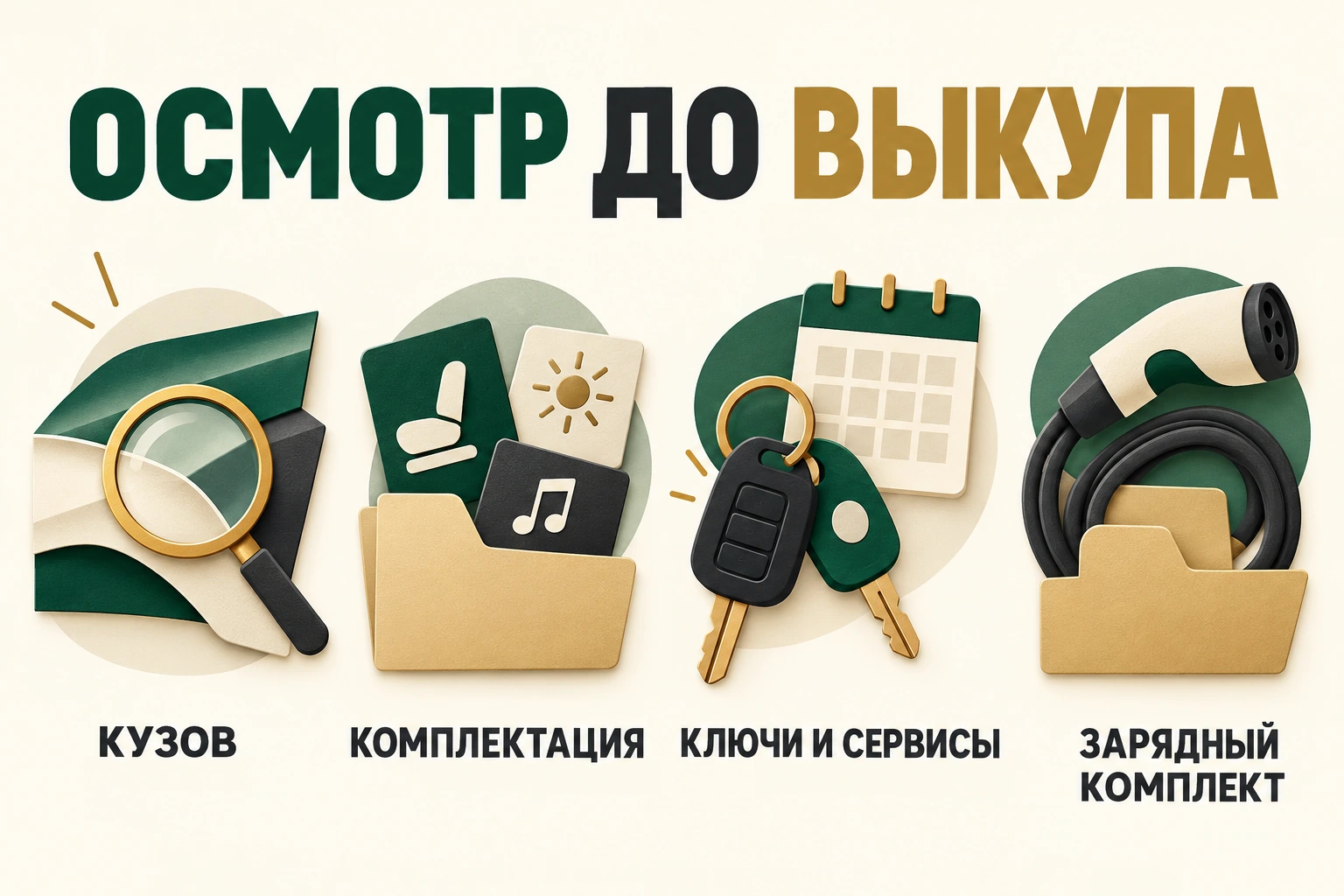 Осмотр до выкупа Осмотр до выкупа: кузов, комплектация, ключи и сервисы, зарядный комплект