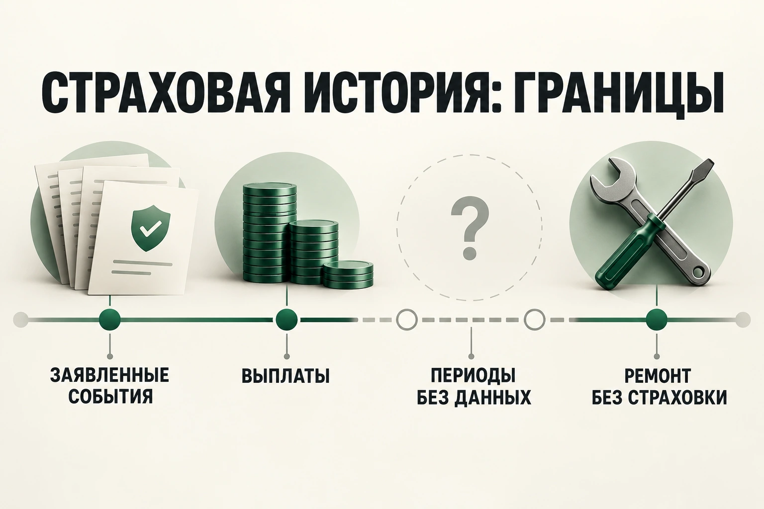 Страховая история: границы: заявленные события, выплаты, периоды без данных, ремонт без страховки
