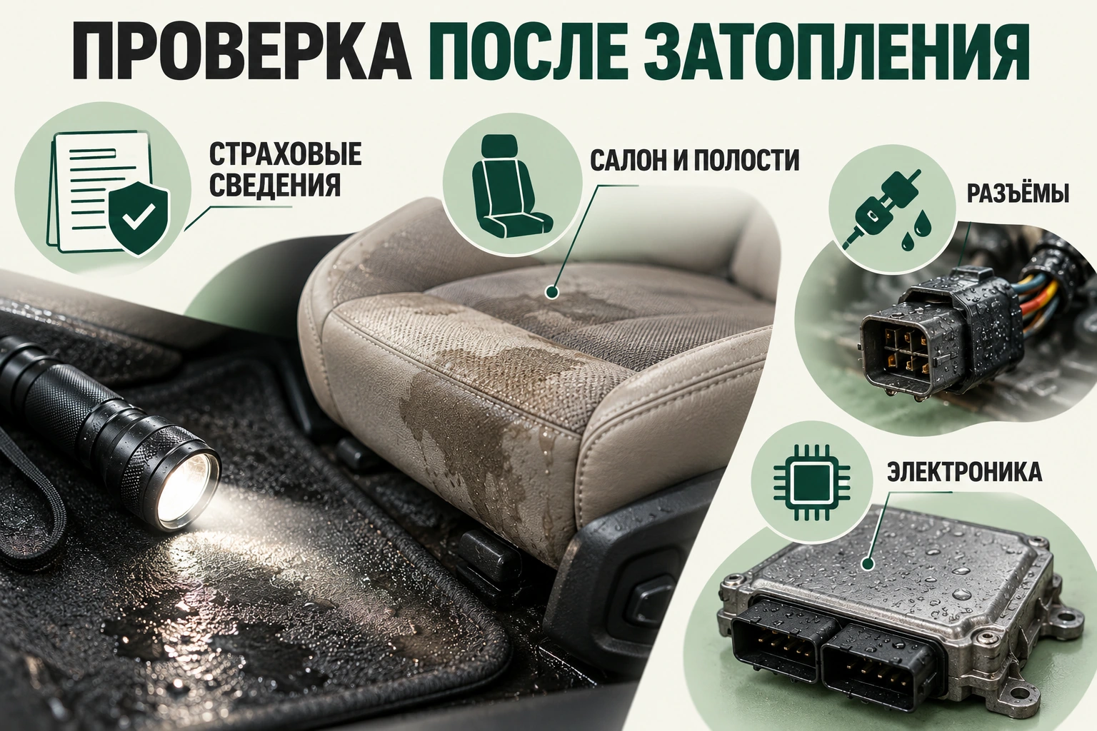 Проверка после затопления: страховые сведения, салон и полости, разъёмы, электроника