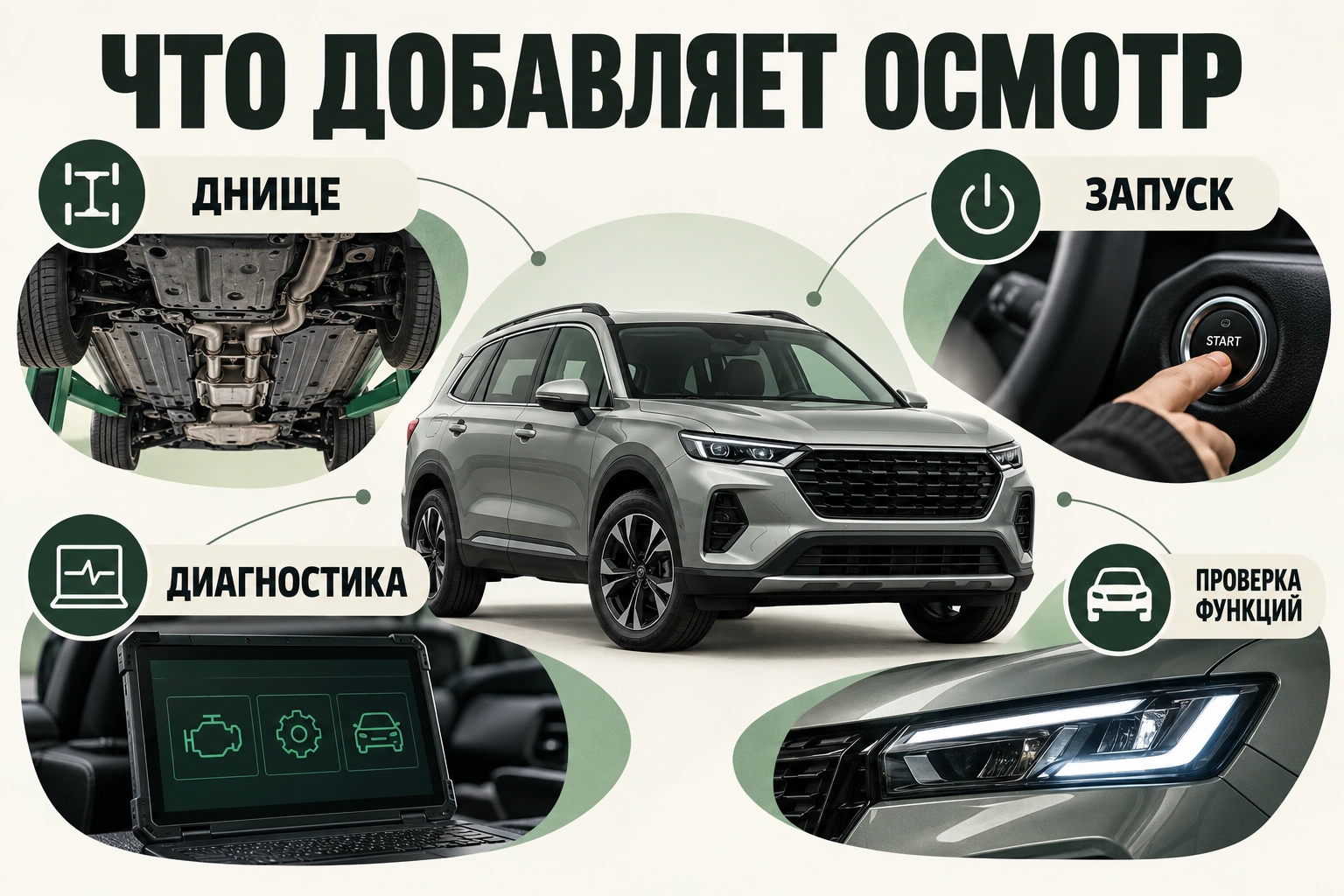 Что добавляет осмотр: днище, запуск, диагностика, проверка функций