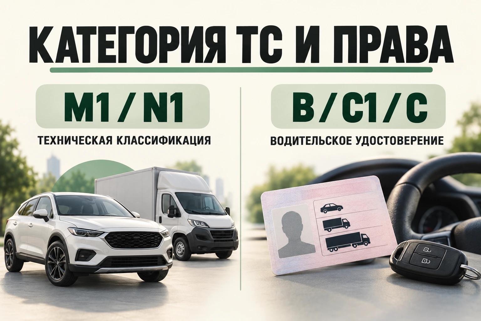 Категория тс и права Категория тс и права: m1 / n1, техническая классификация, b / c1 / c, водительское удостоверение