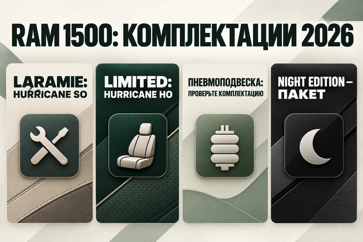 Ram 1500: комплектации 2026: laramie: hurricane so, limited: hurricane ho, пневмоподвеска: проверьте комплектацию, night edition — пакет
