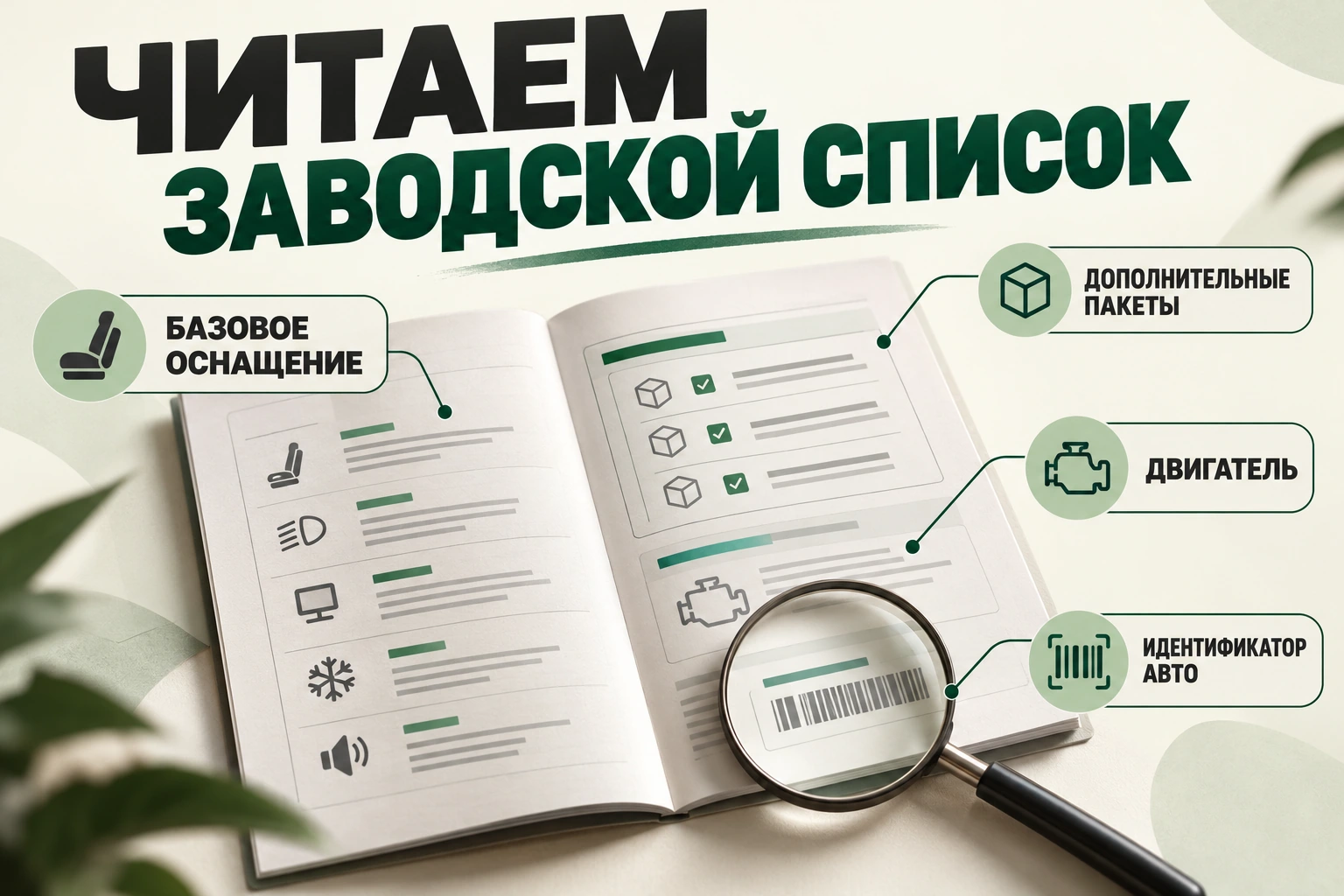 Читаем заводской список: базовое оснащение, дополнительные пакеты, двигатель, идентификатор авто