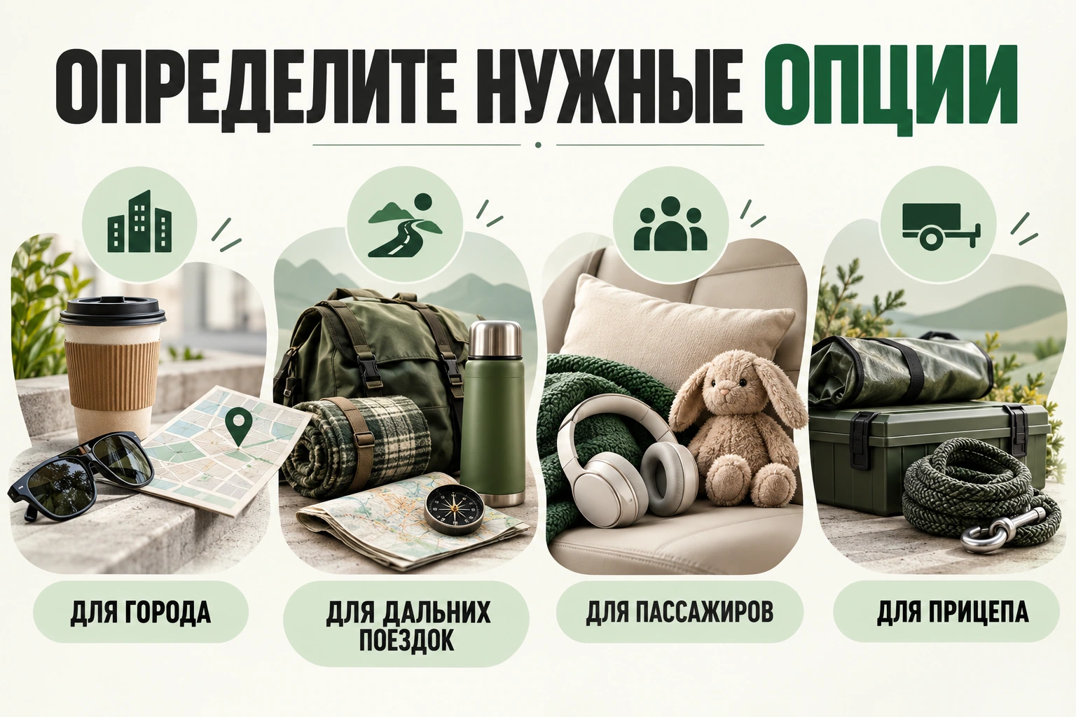 Определите нужные опции: для города, для дальних поездок, для пассажиров, для прицепа