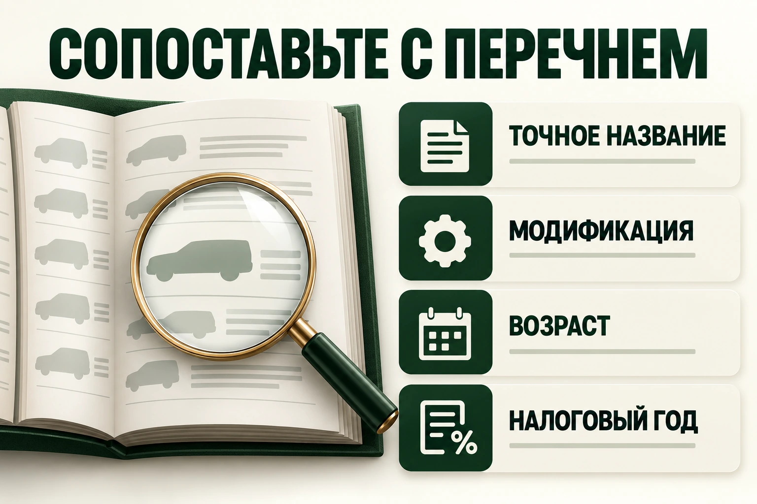 Для перечня сопоставляют точное исполнение и налоговый год Сопоставление названия и модификации с перечнем дорогих автомобилей