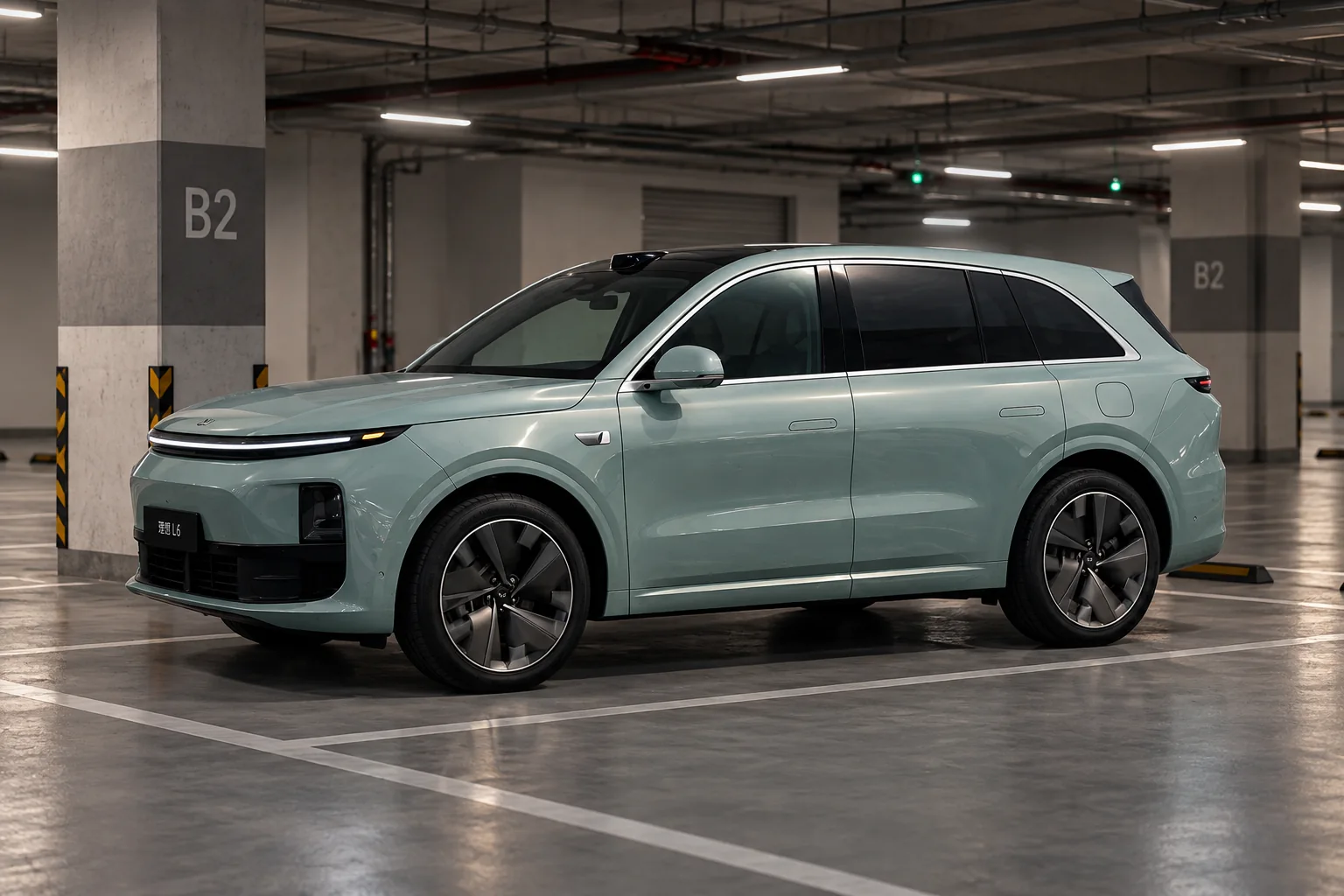 L6 короче L7, но для дверей и прохода нужен отдельный запас места. Li Auto L6 на парковке: вид кузова и пространства вокруг автомобиля
