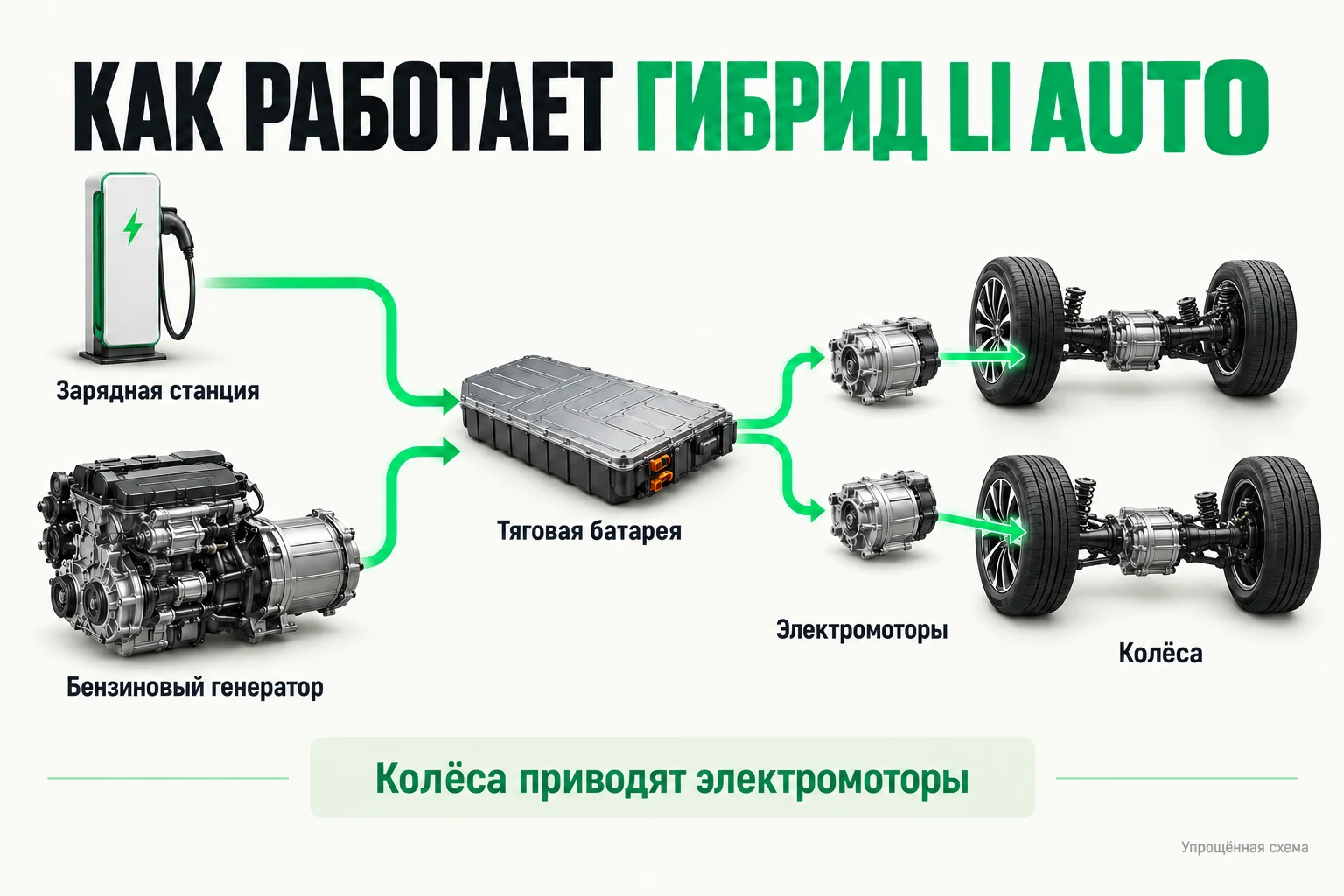 Упрощённая схема: электричество поступает от зарядки и бензинового генератора. Схема последовательного гибрида Li Auto: зарядка, батарея, генератор и электромоторы