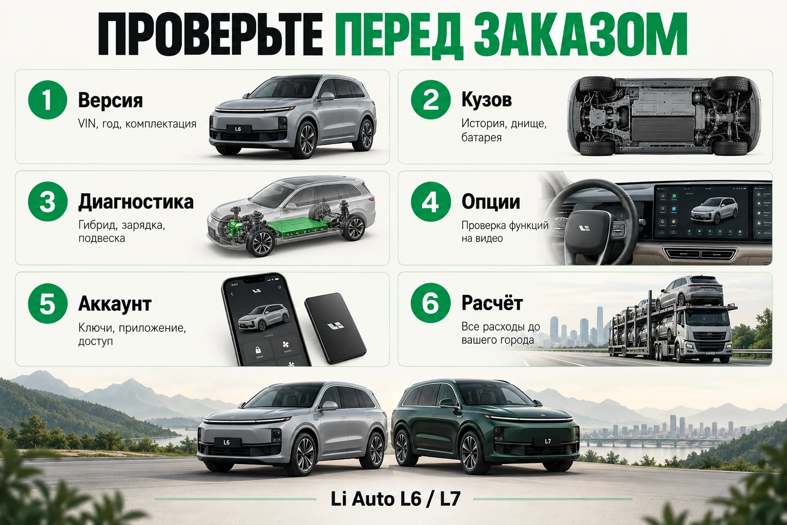Сохраните список и используйте его при обсуждении конкретного автомобиля. Шесть проверок Li Auto перед заказом: версия, кузов, диагностика, опции, аккаунт, расчёт
