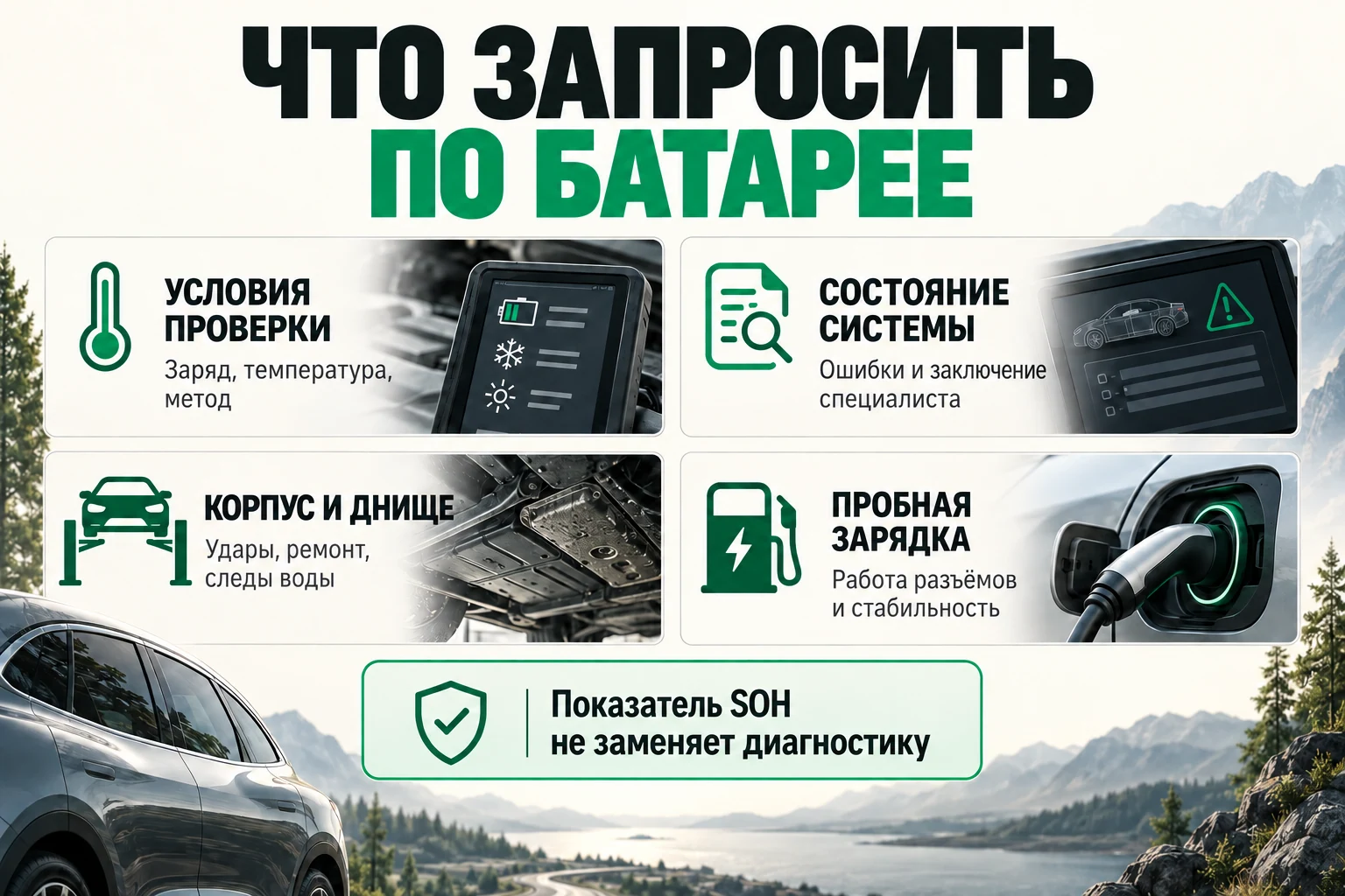 Показатель SOH рассматривают вместе с условиями измерения, состоянием корпуса и результатами диагностики. Данные для проверки батареи: условия измерения, ошибки, корпус и пробная зарядка