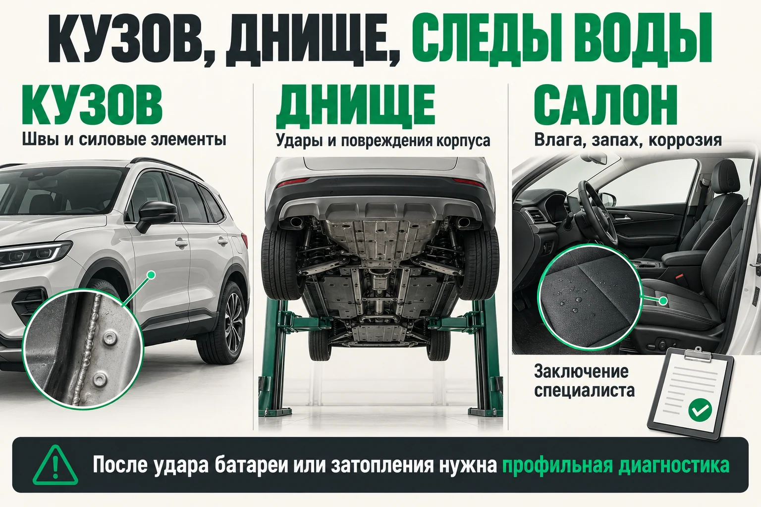 Схема направлений осмотра. Показанные узлы условные; состояние конкретного Li Auto устанавливают на подъёмнике и при диагностике. Проверка кузова, днища и салона: силовые элементы, повреждения и следы воды
