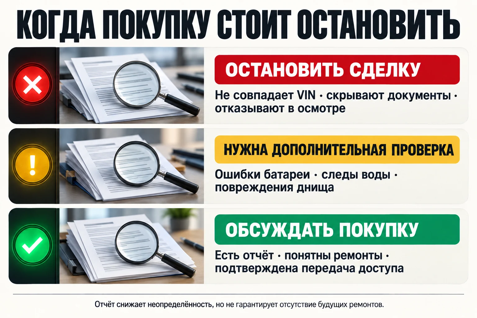 Решение принимают по подтверждённым результатам. Письменный отчёт не гарантирует отсутствие будущих ремонтов. Когда остановить сделку, назначить дополнительные проверки или обсуждать покупку