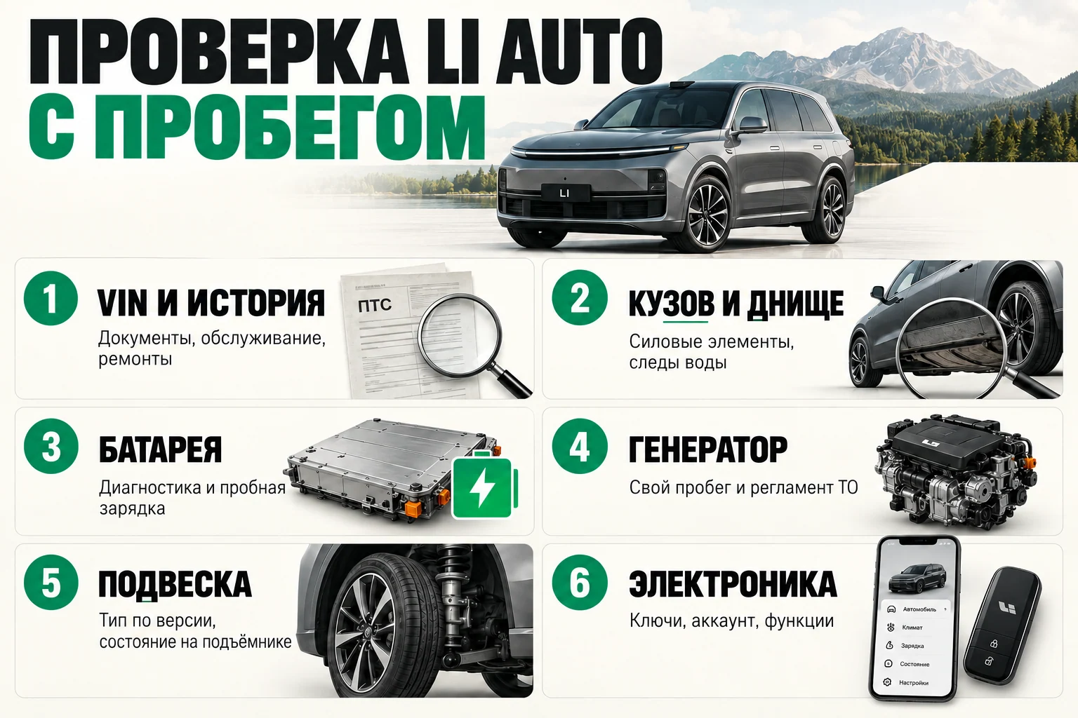 Согласуйте состав осмотра заранее: проверка только кузова оставит без ответа вопросы о батарее и доступе владельца. Шесть направлений проверки Li Auto с пробегом: история, кузов, батарея, генератор, подвеска и электроника
