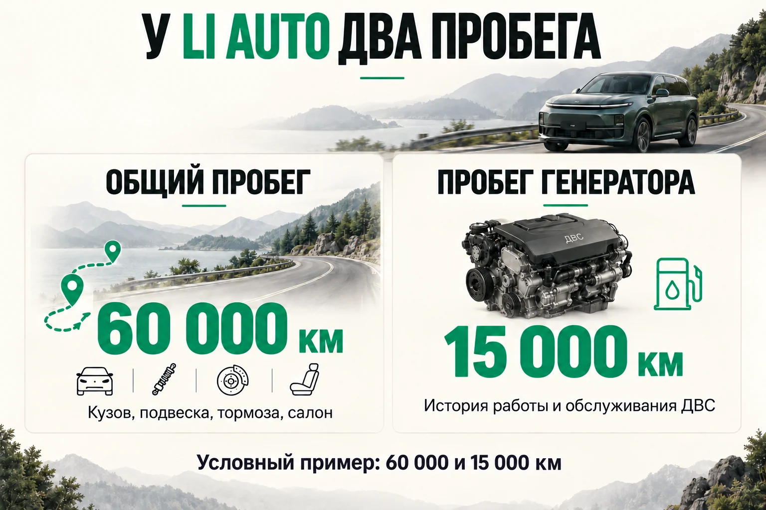 Числа приведены для объяснения. Показания выбранного автомобиля нужно подтвердить отдельно. Условный пример: общий пробег Li Auto 60 тысяч километров, пробег генератора 15 тысяч
