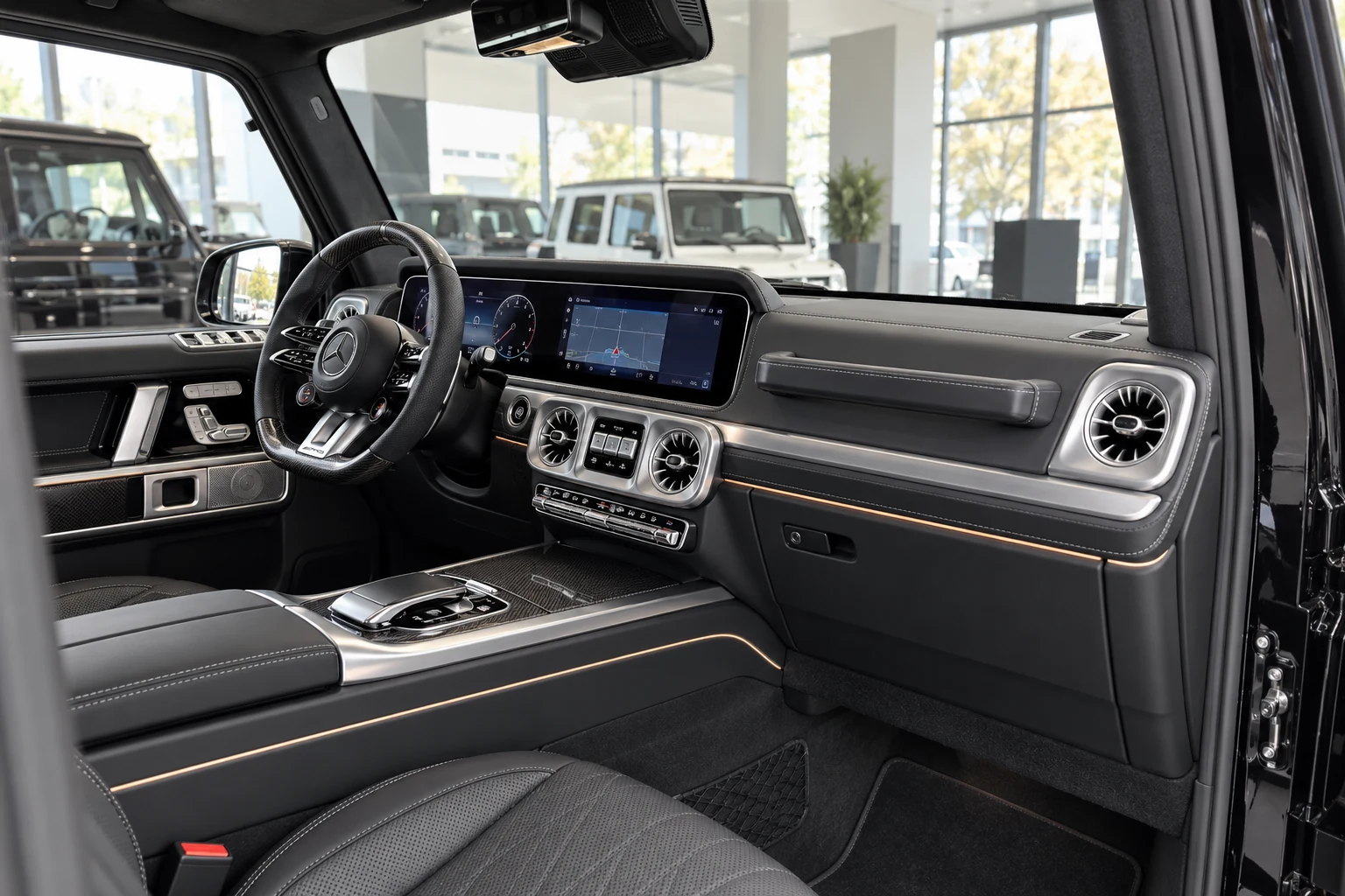 Салон обновлённого Mercedes-AMG G63: левый руль, широкая панель приборов и центральная консоль