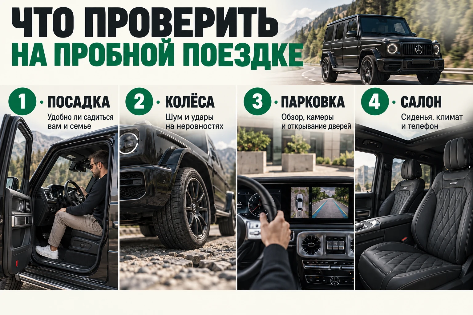 Четыре проверки на пробной поездке: посадка, колёса, парковка и функции салона