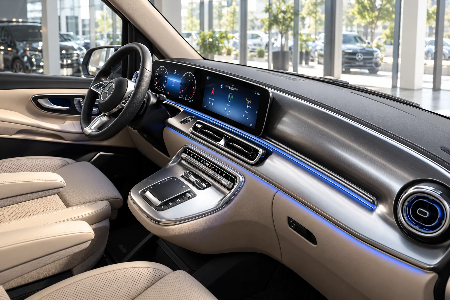 Панель европейского Mercedes-Benz V-Class после обновления 2024 года: два дисплея, MBUX и левый руль