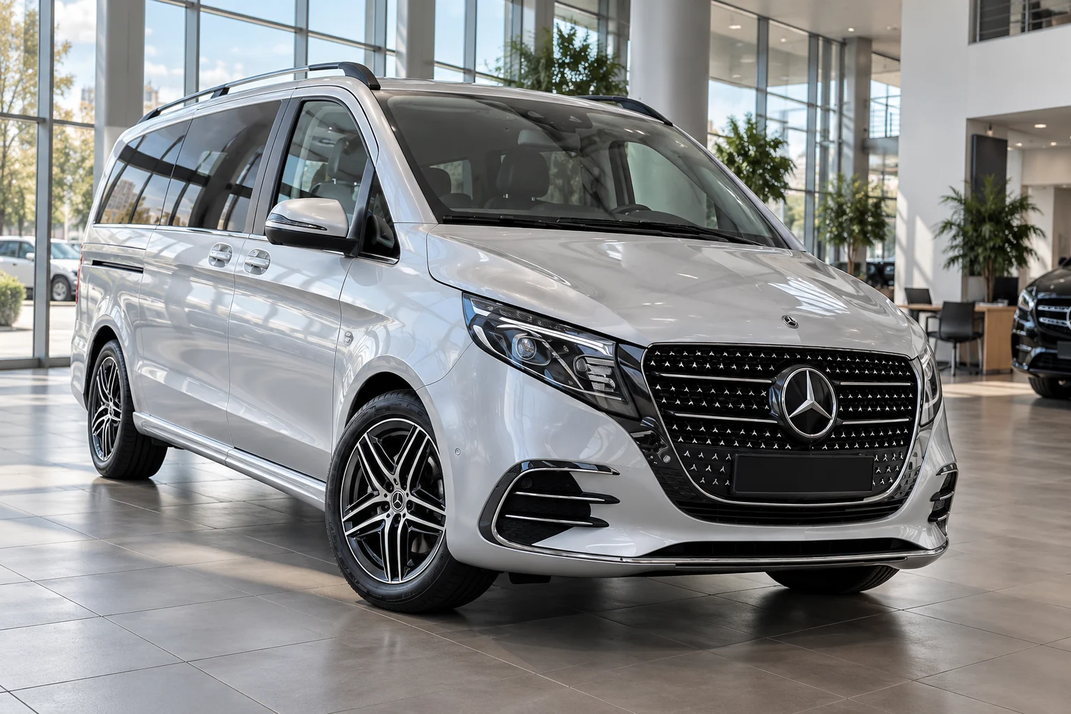 Серебристый Mercedes-Benz V-Class после обновления 2024 года: передняя часть и боковая сдвижная дверь