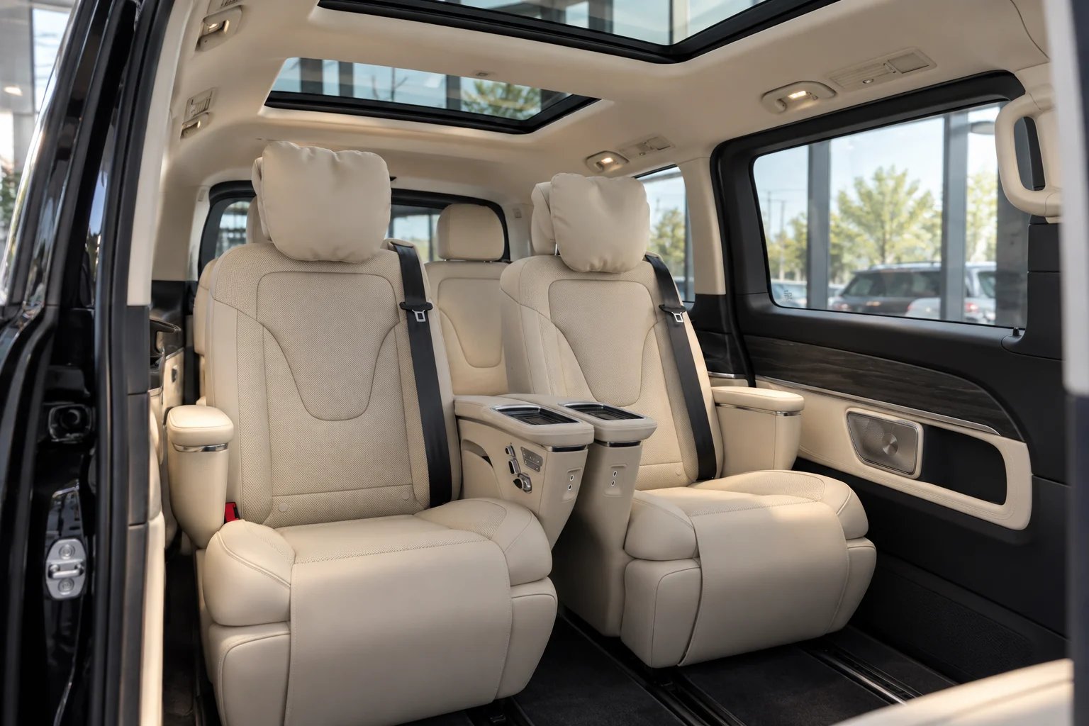 Пример светлого салона V-Class с отдельными креслами Luxury seats, подлокотниками и панорамной крышей