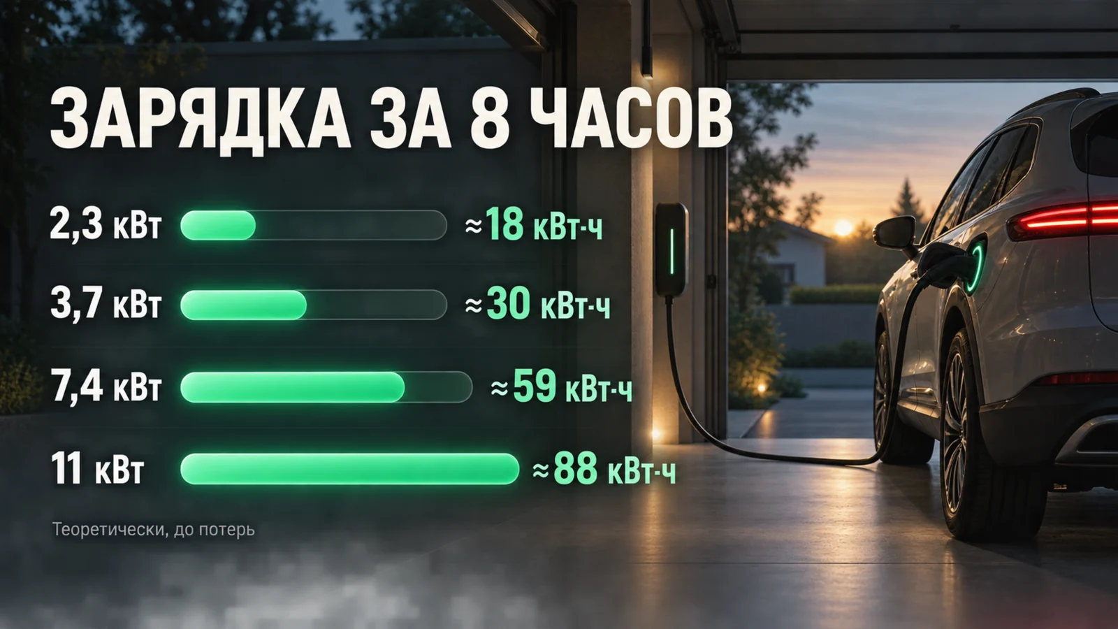 Расчёт ночной зарядки: до потерь и ограничений автомобиля Сравнение теоретической энергии за восемь часов при мощности 2,3, 3,7, 7,4 и 11 кВт