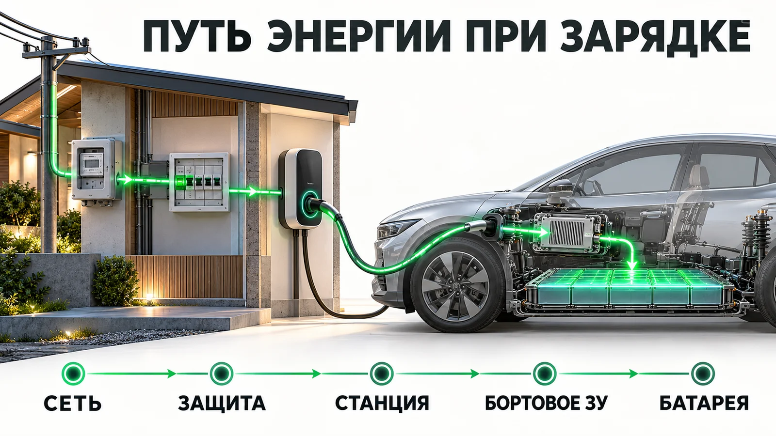 Скорость ограничивает самое слабое звено Цепочка домашней зарядки от электросети до батареи автомобиля