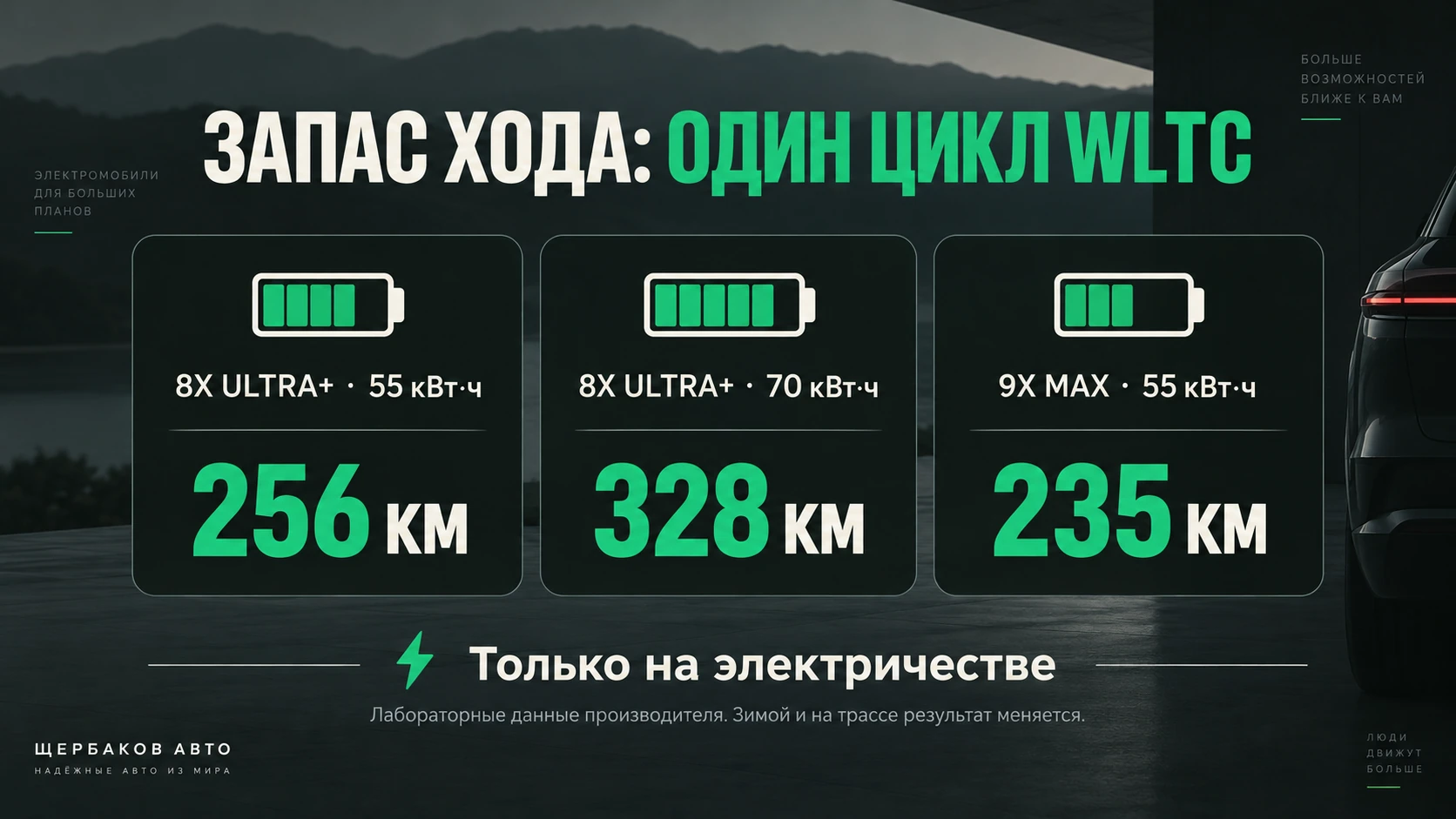 Электрический запас хода WLTC: 8X ULTRA+ 256 или 328 км, 9X MAX 235 км