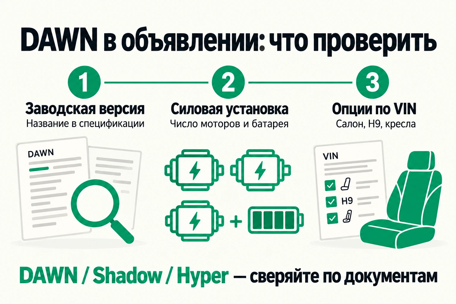 Проверка предложения DAWN: заводская версия, число моторов и батарея, опции по VIN