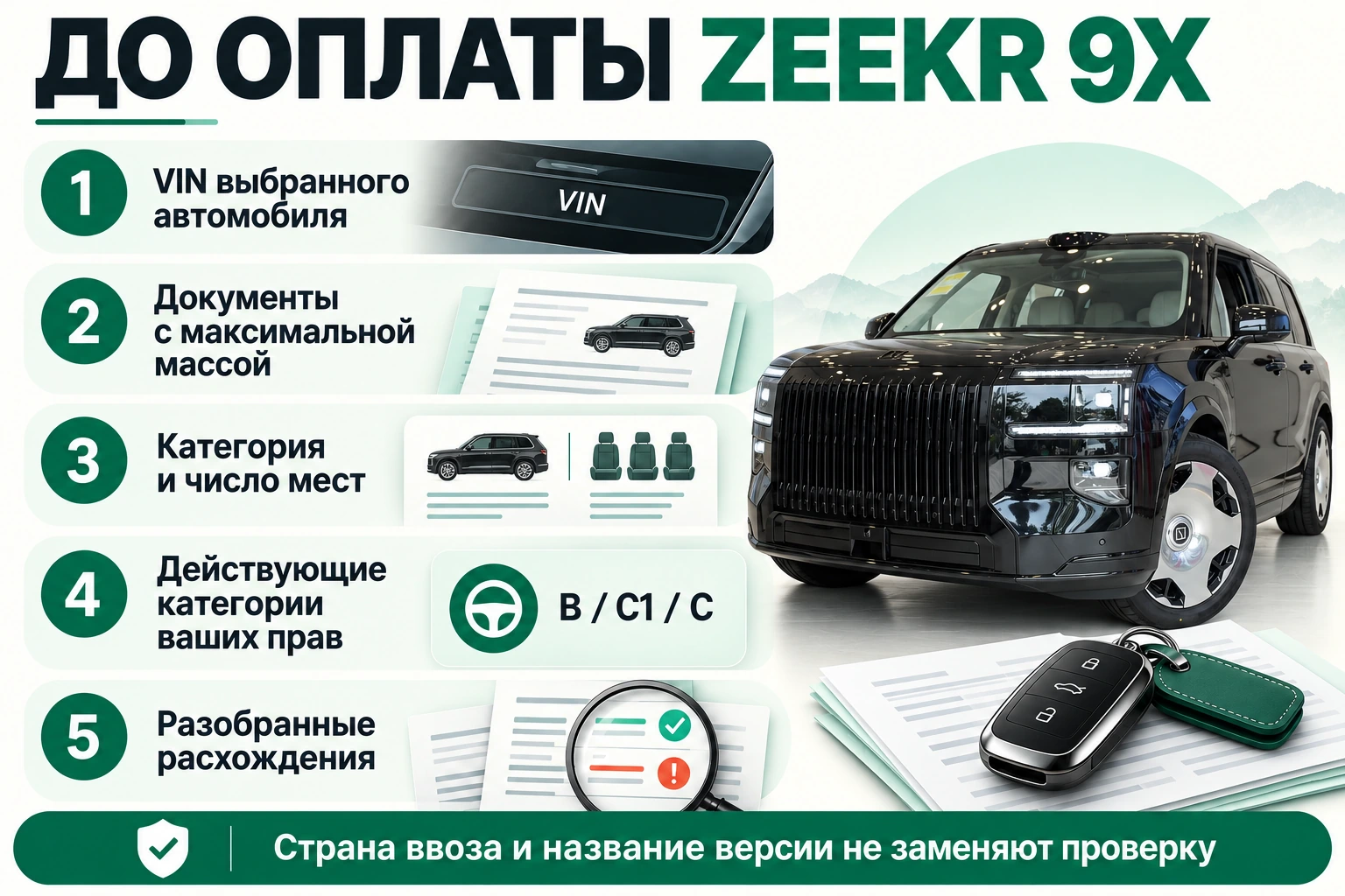 До оплаты ZEEKR 9X запросите VIN, документы с максимальной массой, категорию и количество мест; сопоставьте с правами и устраните расхождения