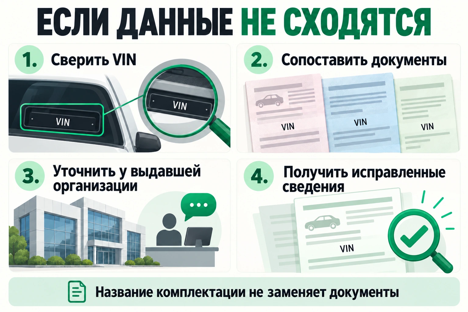 При несогласованности сведений: сверить VIN, сопоставить документы, обратиться к выдавшей организации и получить корректные сведения