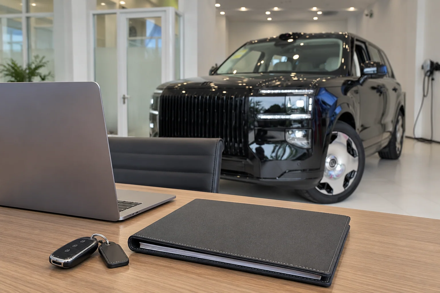Иллюстрация проверки автомобильных документов перед покупкой ZEEKR 9X: папка на столе в салоне, без персональных данных