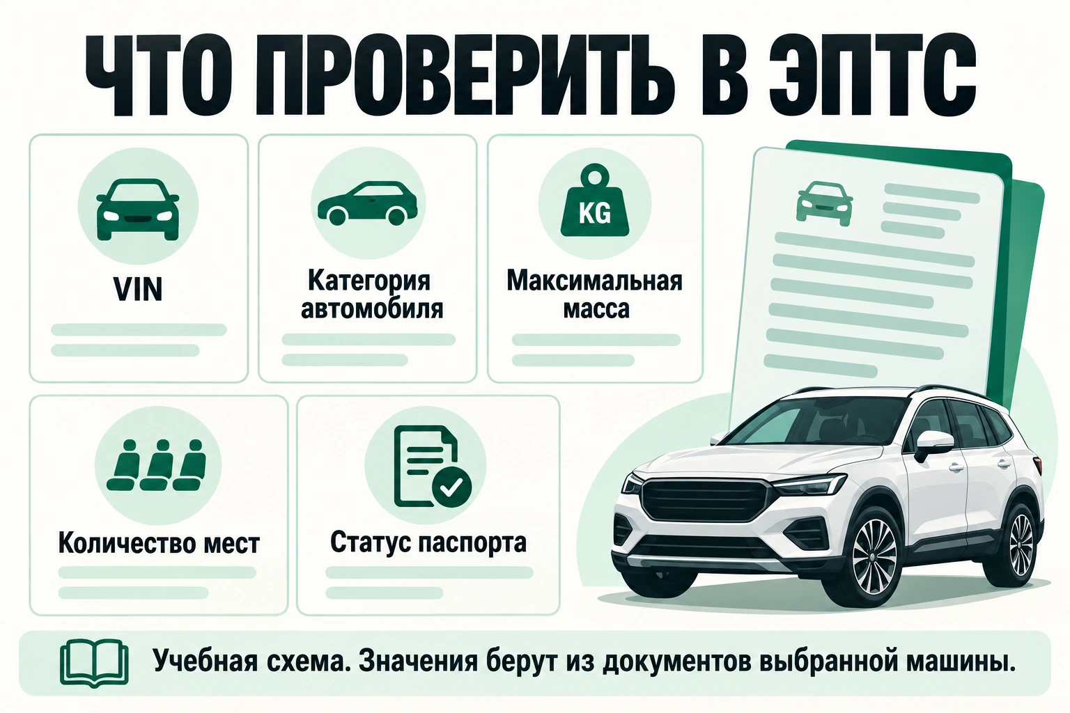 Учебная схема проверки ЭПТС: VIN, категория, технически допустимая максимальная масса, количество мест и статус электронного паспорта