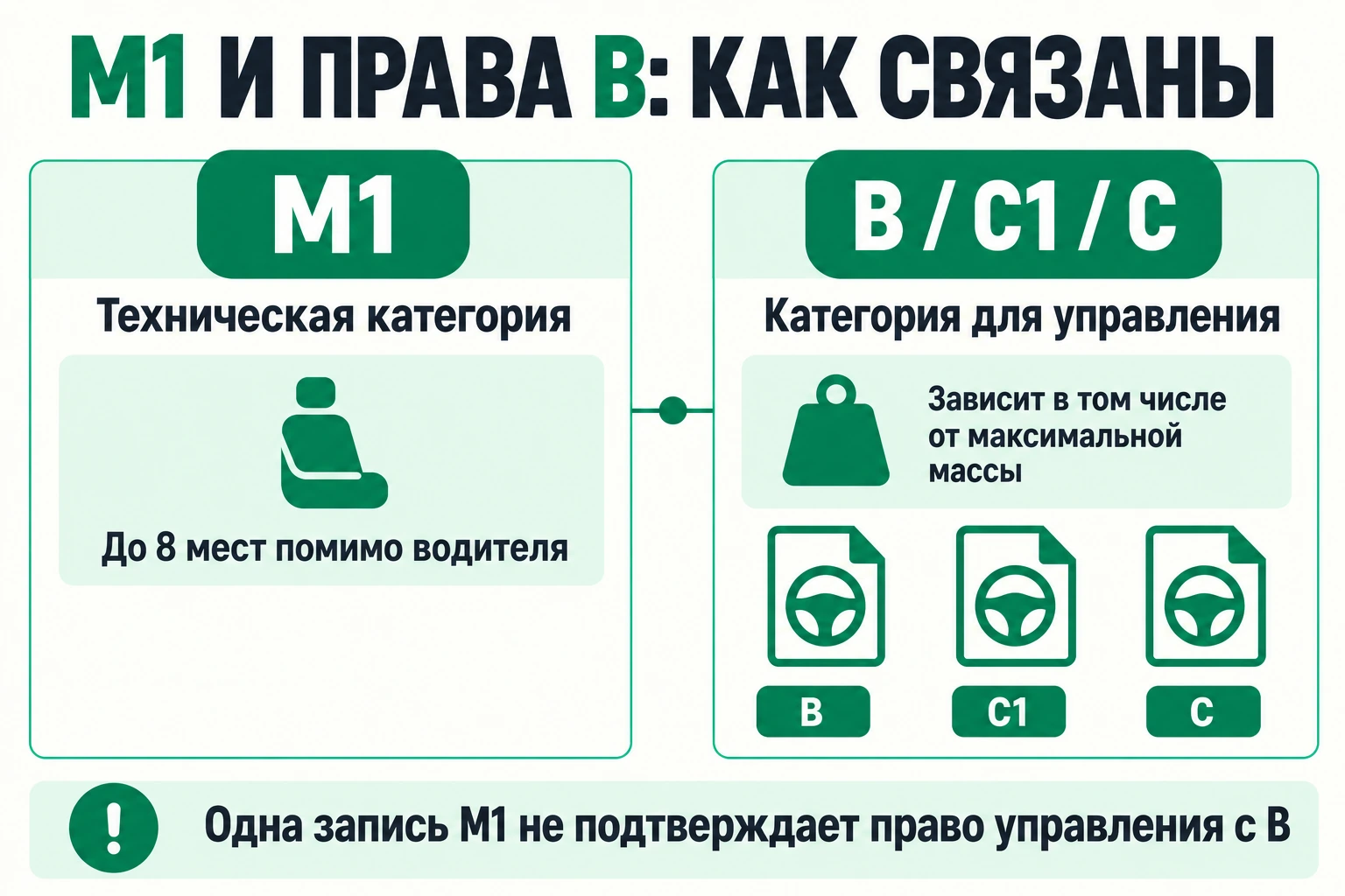 M1 — техническая категория автомобиля; B, C1 и C относятся к управлению и учитывают максимальную массу