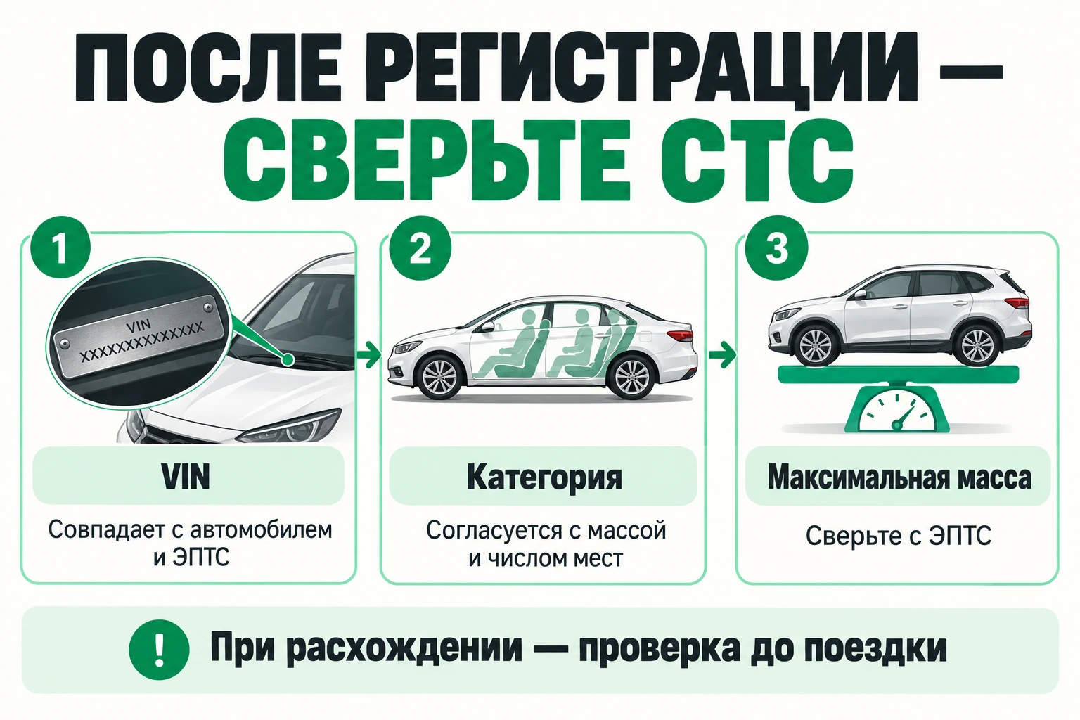 После регистрации сравните VIN, категорию и максимальную массу в СТС с ЭПТС; при расхождениях проверьте документы до поездки