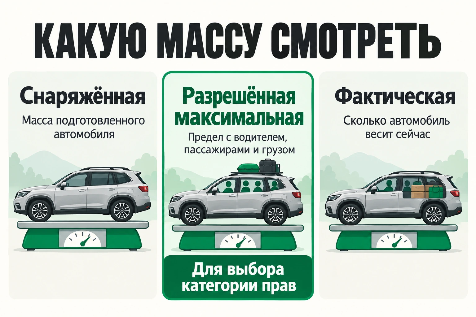 Три разных понятия: снаряжённая масса, разрешённая максимальная масса с водителем, пассажирами и грузом и фактическая масса в данный момент