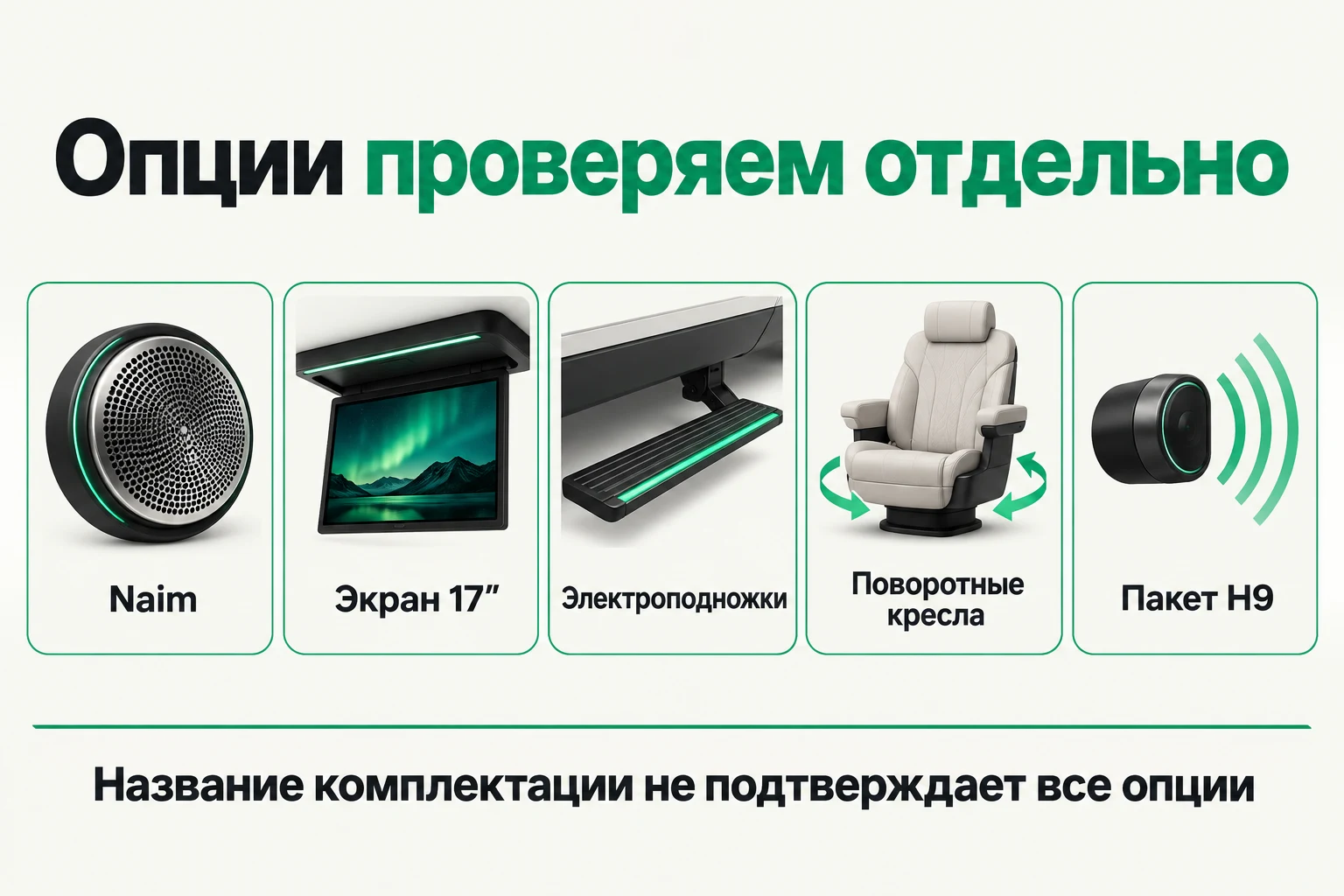В договорённостях о покупке перечисляйте нужные опции по названиям. Формулировка «максимальная комплектация» не заменяет их список. Пять позиций для отдельной проверки: Naim, экран 17 дюймов, подножки, поворотные кресла и H9