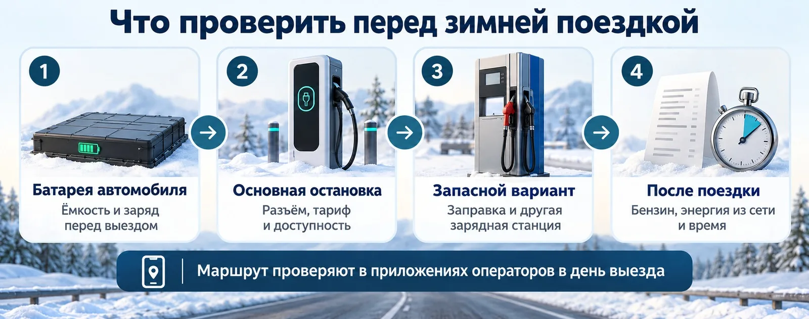 Четыре проверки перед зимней поездкой: батарея, остановка, запасная заправка и учёт расходов